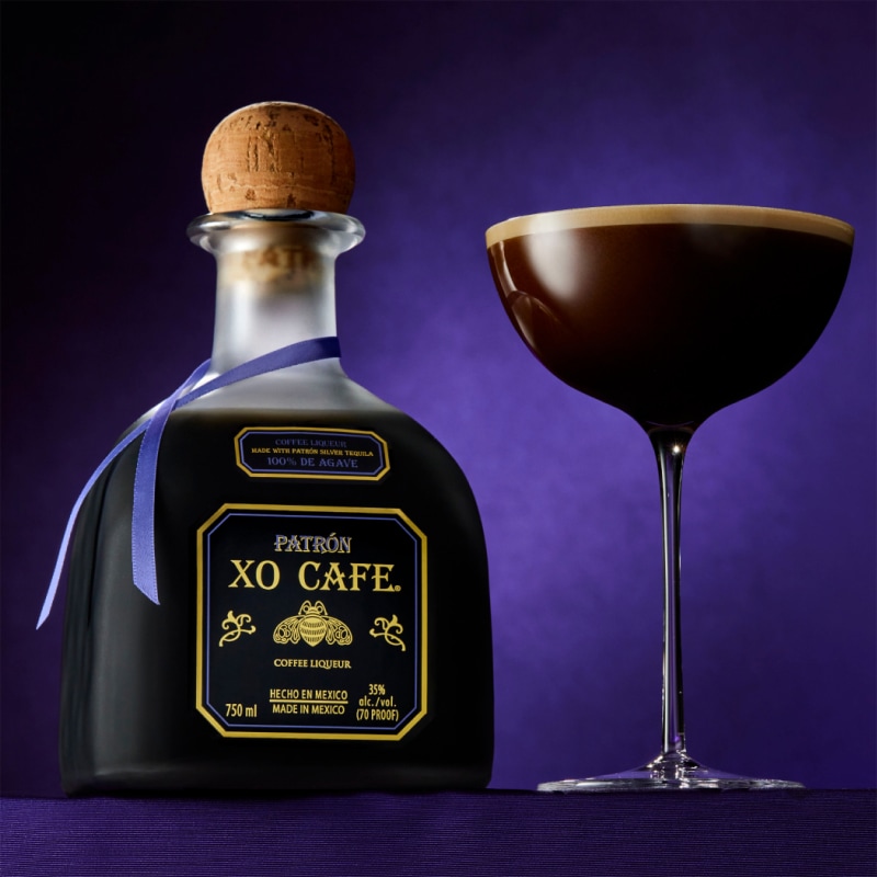 Bottle of Patrón XO Café with a dessert cocktail.